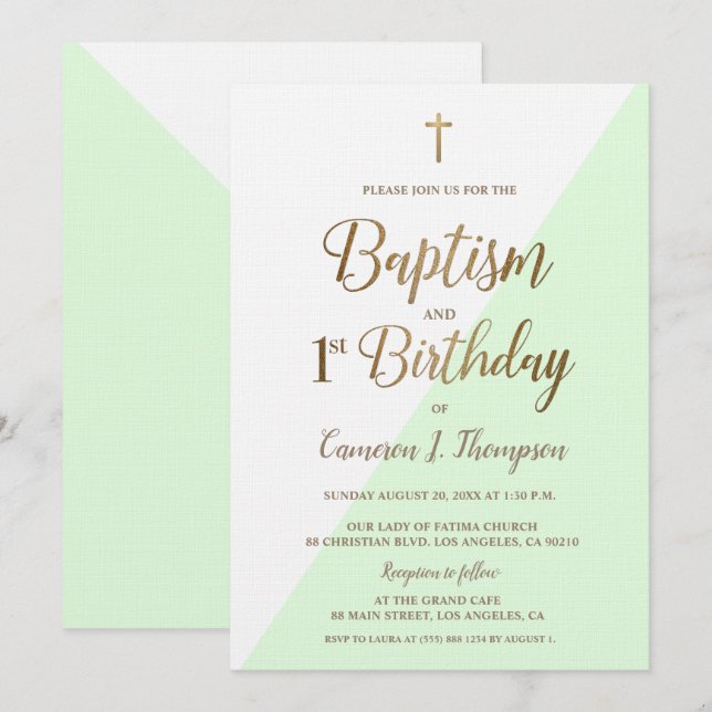 Green Gold Cross Baptism 1st Birthday Invitation (Front/Back)