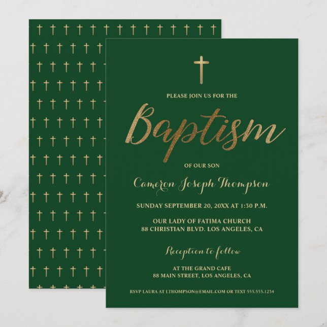 Green Gold Cross Custom Baby boy Baptism Invitation (Front/Back)