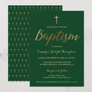 Green Gold Cross Custom Baby boy Baptism Invitation