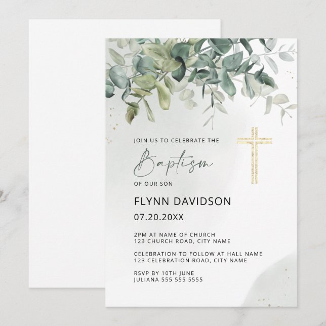 Green & Gold Cross Greenery Baptism Christening Invitation (Front/Back)