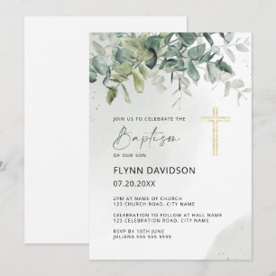 Green & Gold Cross Greenery Baptism Christening Invitation