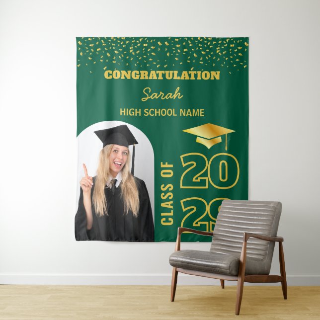 Green & Gold Custom Graduation Backdrop With Photo Tapestry (In Situ)