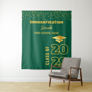 Green & Gold Custom Graduation Party Backdrop Tapestry