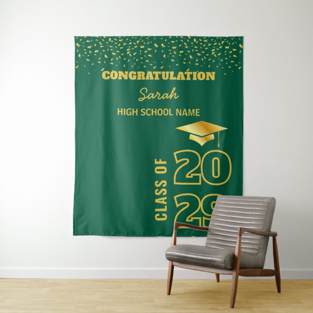 Green & Gold Custom Graduation Party Backdrop Tapestry (In Situ)