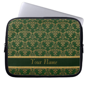 Green & Gold Damask Pattern Laptop Sleeve