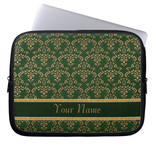 Green & Gold Damask Pattern Laptop Sleeve (Front)