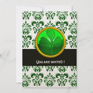 GREEN GOLD DAMASK WITH SHAMROCK ,Black White Invitation
