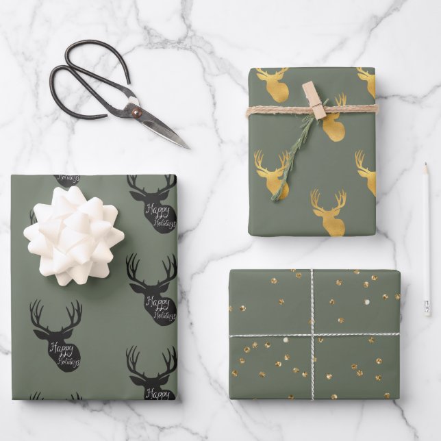 Green Gold Deer Wrapping Paper Sheet (Front)