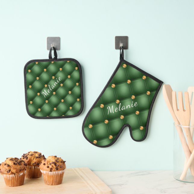 Green Gold Diamond Tufted Custom Name Personalised Oven Mitt & Pot Holder Set (Insitu(Hanging))