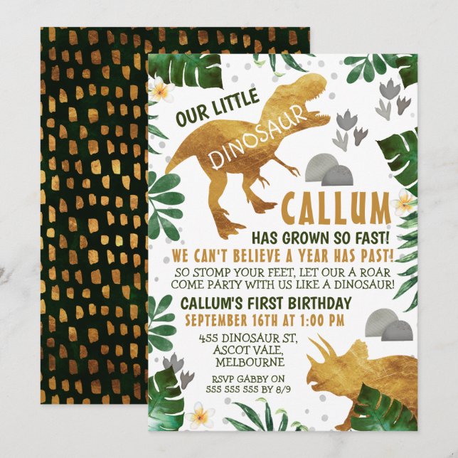 Green Gold  Dinosaur Birthday Party  Invitation (Front/Back)