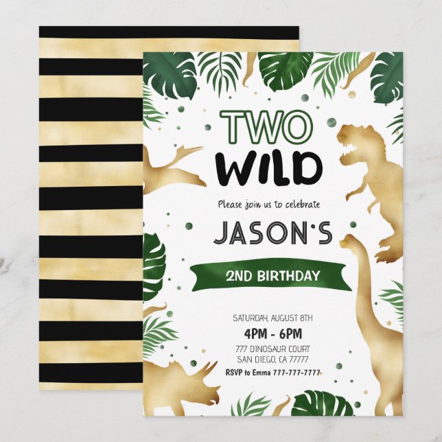 Green & Gold Dinosaur Birthday Party Invitation (Front/Back)