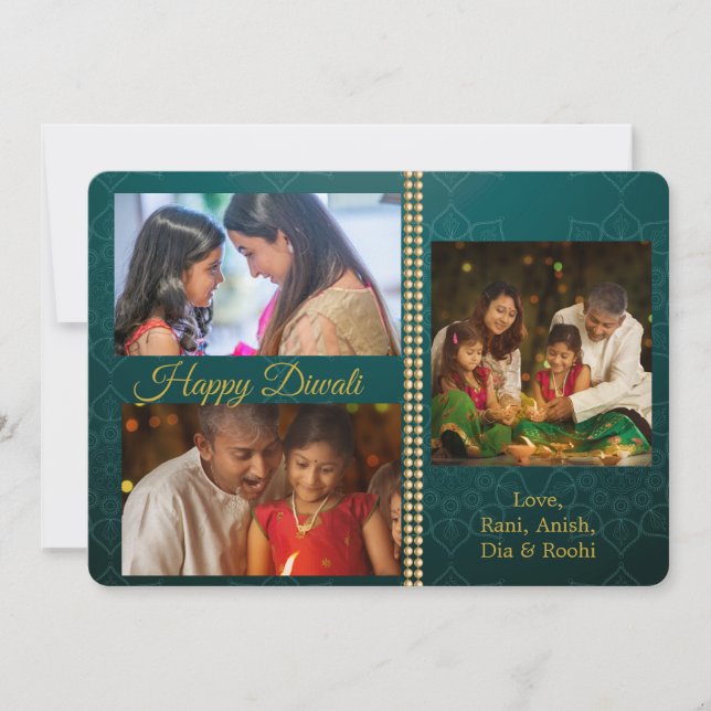 Green Gold Diwali Photo Personalised Greeting Card (Front)
