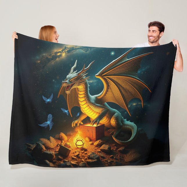 Green & Gold Dragon Guarding Treasure  Fleece Blanket (In Situ)