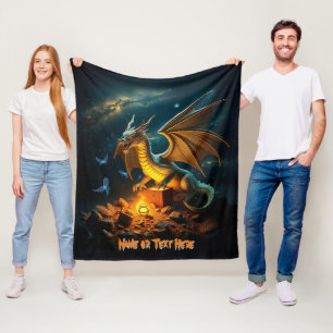 Green & Gold Dragon Guarding Treasure  Fleece Blanket