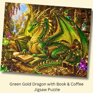 Green Gold Dragon with Book & Coffee Jigsaw Puzzle