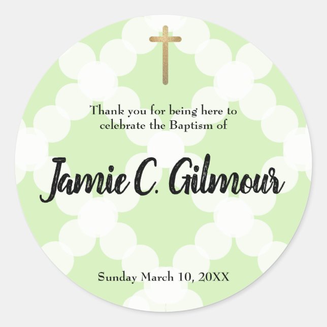 Green gold elegant baby baptism thank you classic round sticker (Front)
