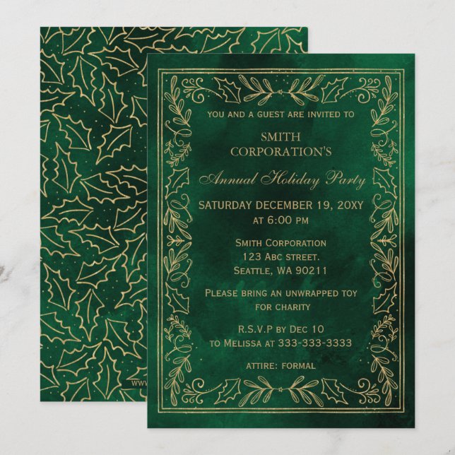 Green Gold Elegant Corporate Holiday Party Invitation (Front/Back)
