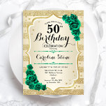 Green Gold Elegant Floral 50th Birthday Invitation<br><div class="desc">50th Birthday Party Invitation. Elegant floral emerald green design with roses. Features faux glitter gold stripes and script font. Perfect for a stylish womens bday celebration. Can be customised for any age! Printed Zazzle invitations or instant download digital printable template.</div>