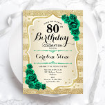 Green Gold Elegant Floral 80th Birthday Invitation<br><div class="desc">80th Birthday Party Invitation. Elegant floral emerald green design with roses. Features faux glitter gold stripes and script font. Perfect for a stylish womens bday celebration. Can be customised for any age! Printed Zazzle invitations or instant download digital printable template.</div>