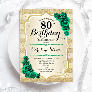 Green Gold Elegant Floral 80th Birthday Invitation