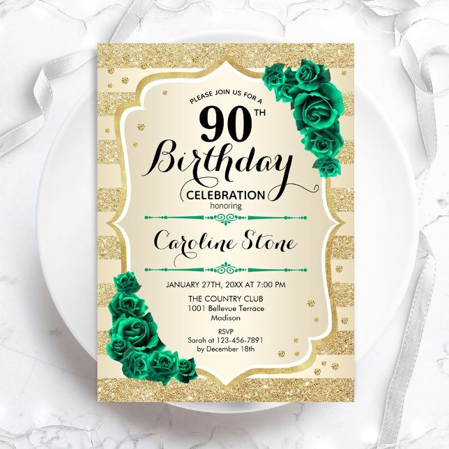 Green Gold Elegant Floral 90th Birthday Invitation (Creator Uploaded)