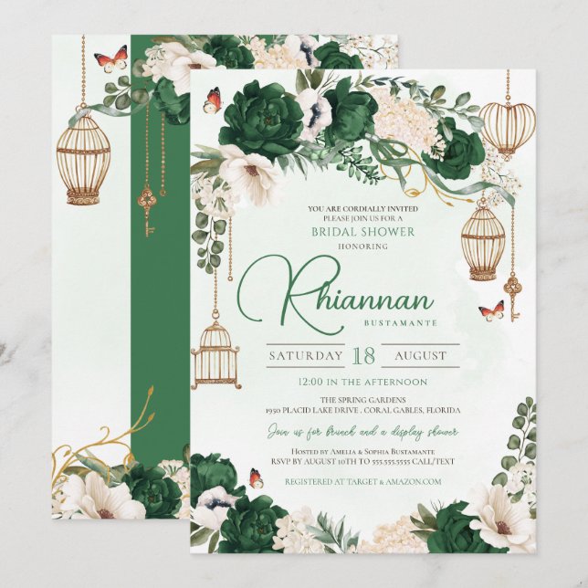 Green & Gold Elegant Floral Garden Bridal Shower Invitation (Front/Back)