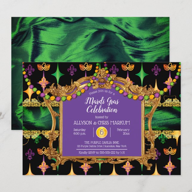 Green | Gold Elegant Floral Mardi Gras Party Invitation (Front/Back)