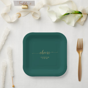 Green & Gold Elegant Lettering Cheers Event Party Paper Plate
