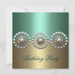 Green & Gold Elegant Pearl Birthday Invitation