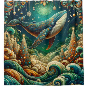 “Green & Gold Elegant Whale Christmas Wonderland” Shower Curtain