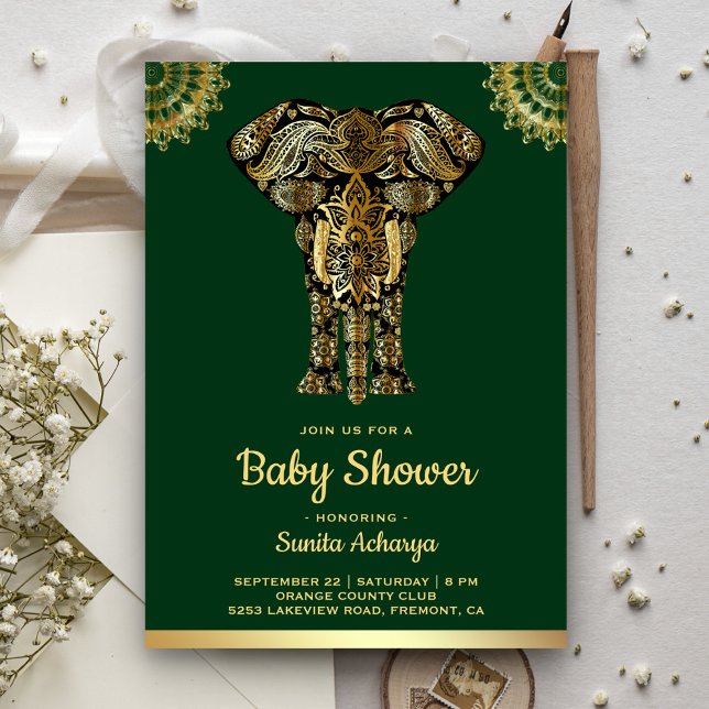 Green Gold Elephant Indian Baby Shower Invitation (Creator Uploaded)