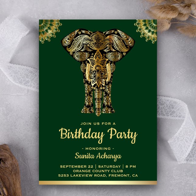 Green Gold Elephant Indian Birthday Party Invitation (Creator Uploaded)