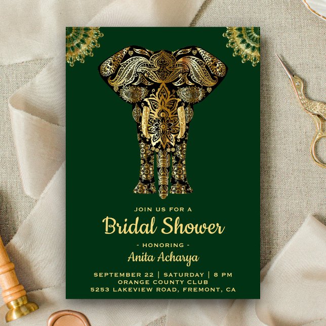 Green Gold Elephant Indian Bridal Shower Invite (Creator Uploaded)