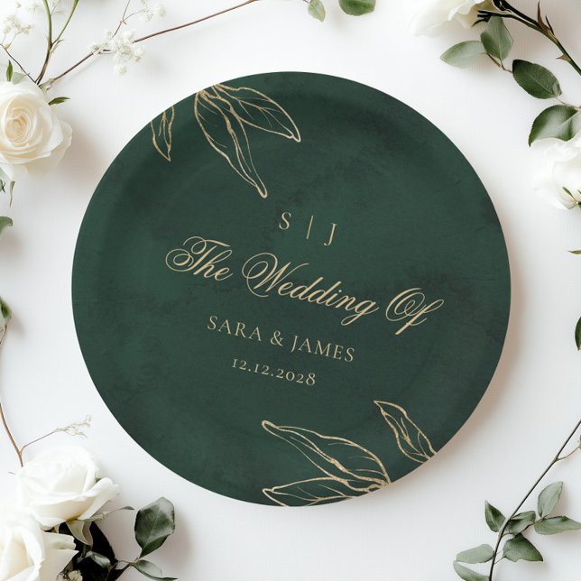 Green Gold Emerald Botanical  Enchanted Wedding Paper Plate (Creator Uploaded)