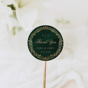 Green Gold Emerald Botanical Wedding Thank you Classic Round Sticker