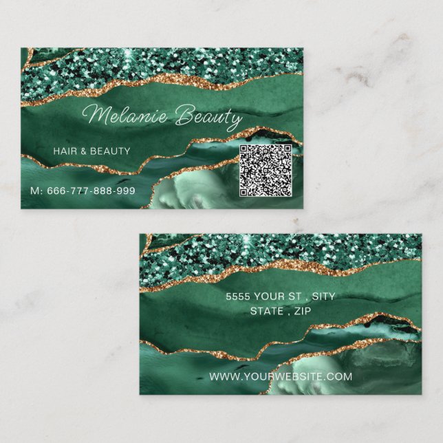 Green Gold Emerald Business Card with QR Code (Front/Back)