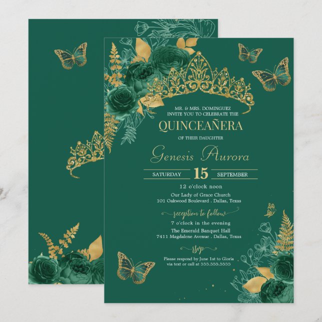 Green & Gold Emerald Floral Butterfly Quinceañera Invitation (Front/Back)