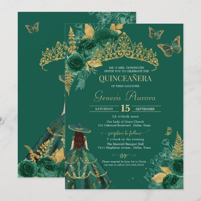 Green Gold Emerald Rose Flor Butterfly Quinceañera Invitation (Front/Back)