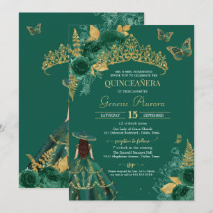 Green Gold Emerald Rose Flor Butterfly Quinceañera Invitation