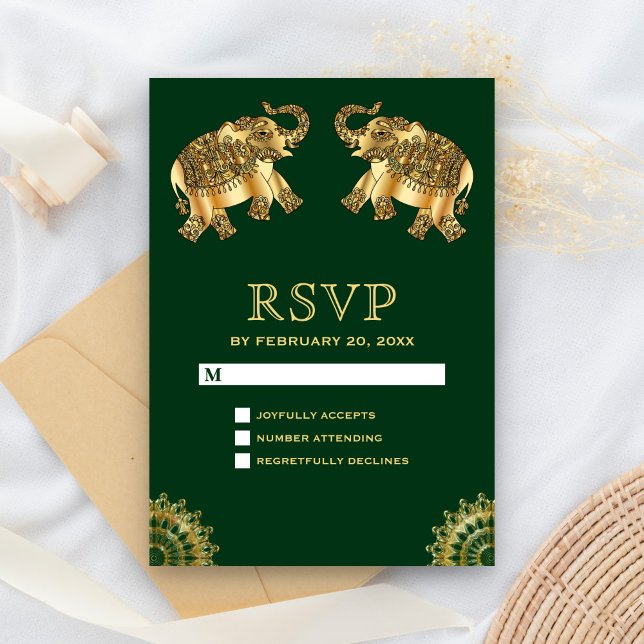 Green Gold Ethnic Elephants Indian RSVP (Creator Uploaded)
