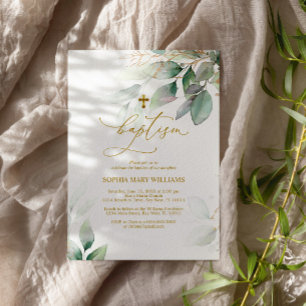 Green & Gold Eucalyptus Baptism Invitation