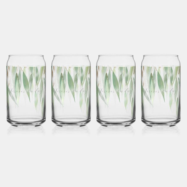 Green Gold Eucalyptus Glitzy Glitter Wedding  Can Glass (Front)