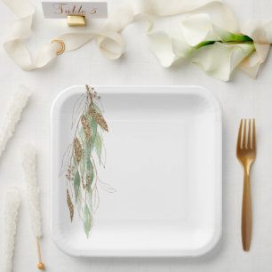 Green Gold Eucalyptus Glitzy Glitter Wedding Paper Plate