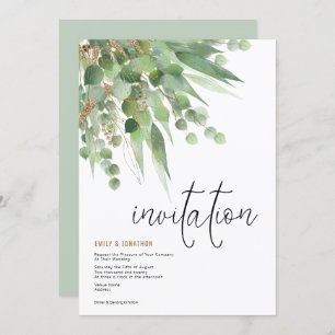 Green Gold Eucalyptus Leaf Elegant Script Wedding Invitation