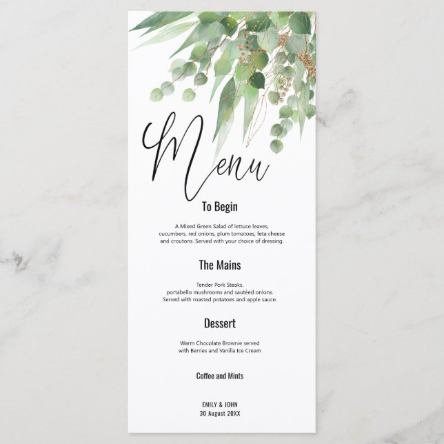 Green Gold Eucalyptus Leaves Script wedding Menu (Front)
