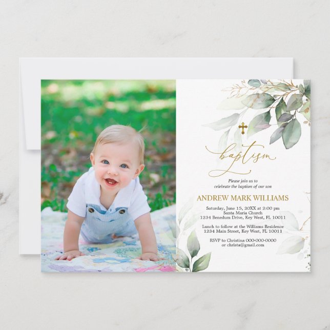 Green & Gold Eucalyptus Photo Baptism Invitation (Front)