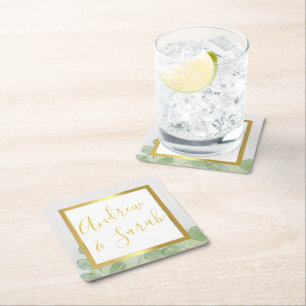Green & Gold Eucalyptus Square Paper Coaster