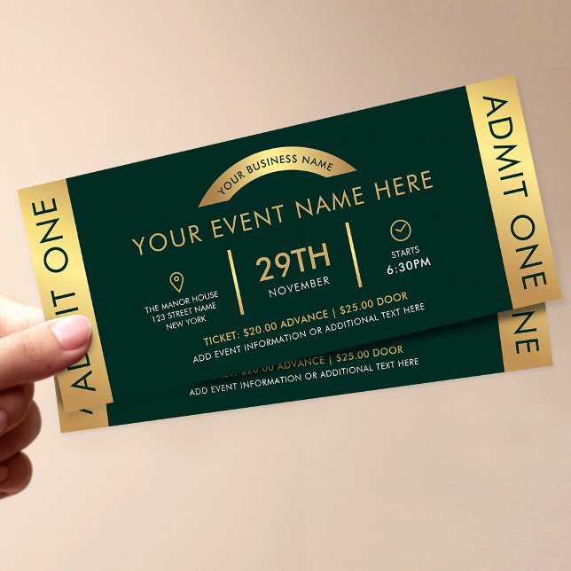 Green & Gold Event Ticket Business Logo Admit One Invitation (Creator Uploaded)