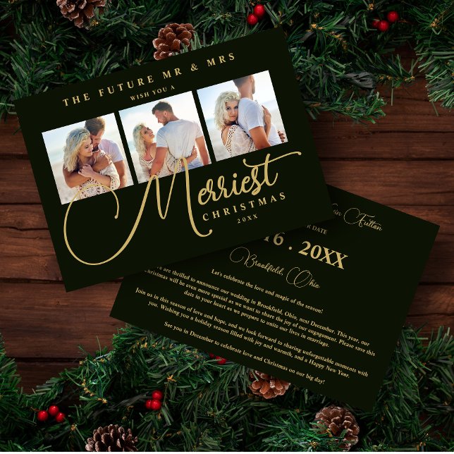 Green Gold Exquisite Wedding Christmas 3 Photos Save The Date (Green Exquisite Modern Wedding Christmas 3 Photos in Fake Gold and Black Holiday as a Save the Date.)