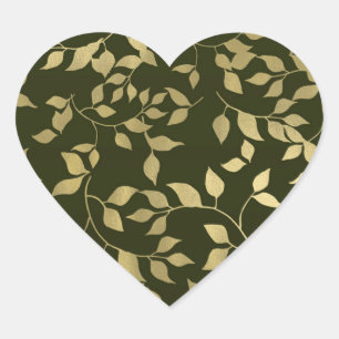 Green & Gold Faux Foil Botanical Leaves Wedding Heart Sticker